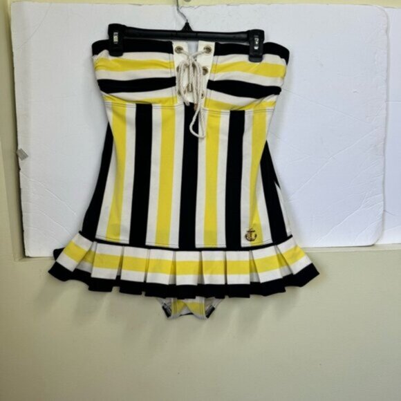 Juicy Couture Vintage Y2K Pleated Skirt Striped Nautical Swimsuit Pin Up Retro M - Picture 9 of 16